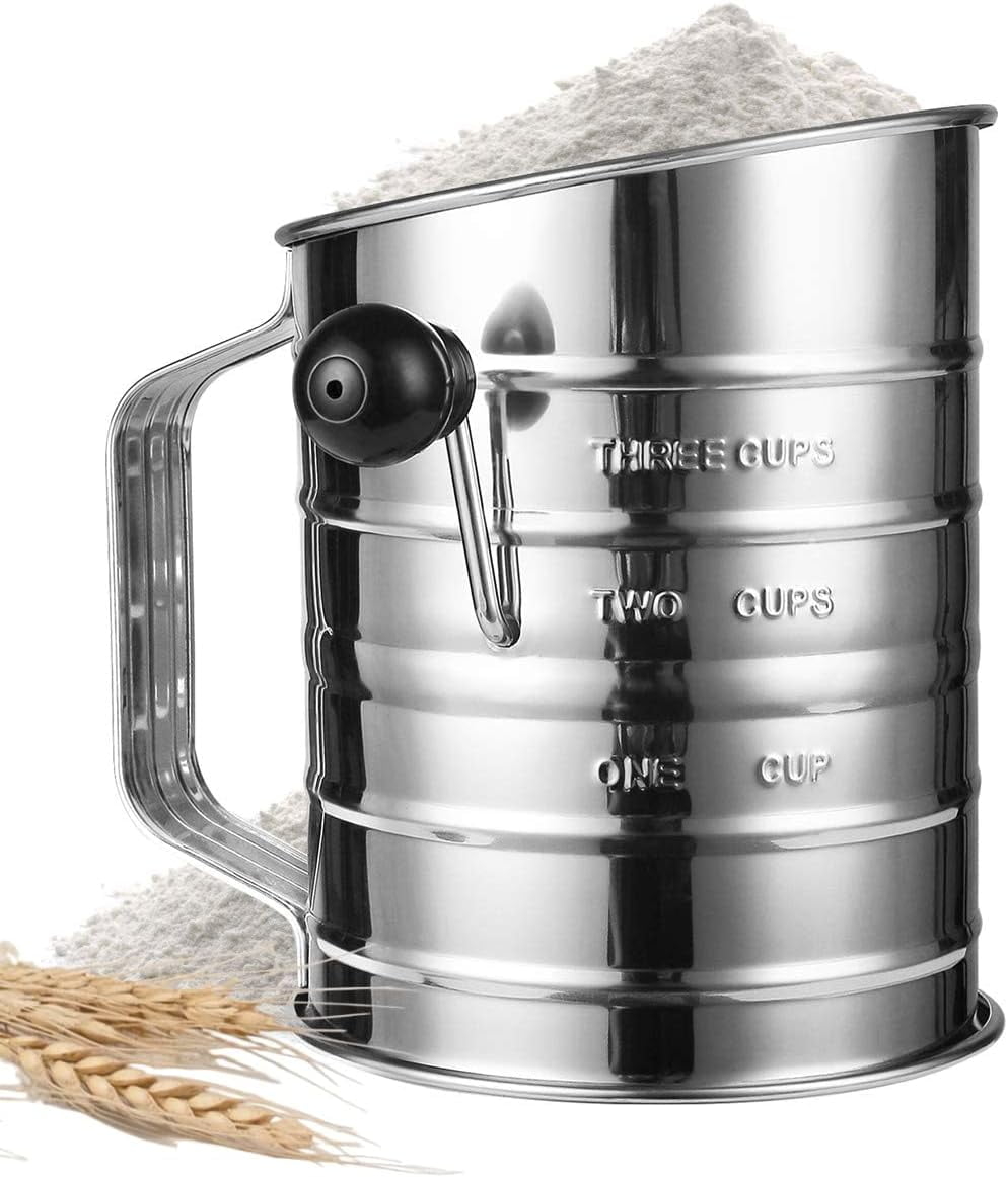 Premium Stainless Steel Flour Sifter 3Cup Hand Crank Rotary Sifter