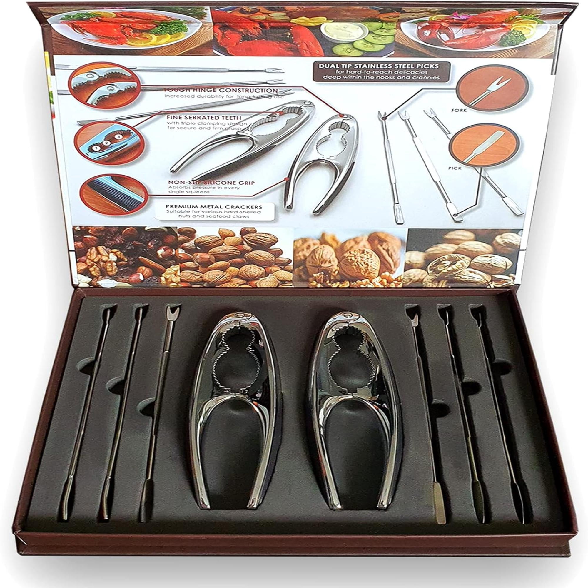 Premium Stainless Steel Lobster & Crab Crackers with Non‑Slip Grip – Includes Picks & Forks for Seafood Shell Cracking, Durable Metal Tools Set (2 Crackers + 6 Picks)