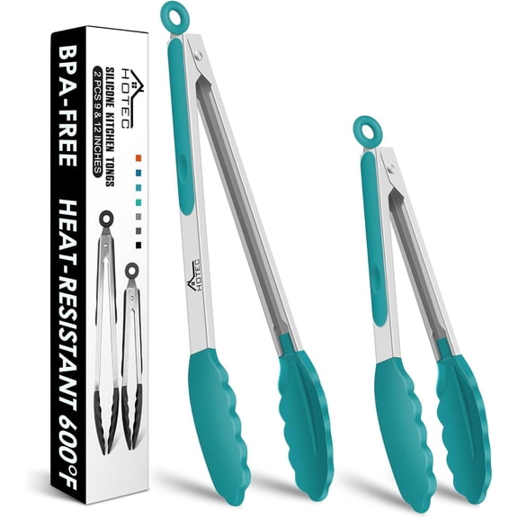 Premium Stainless Steel Locking Kitchen Tongs with Silicon Tips, Set of 2-9" and 12", Turquoise