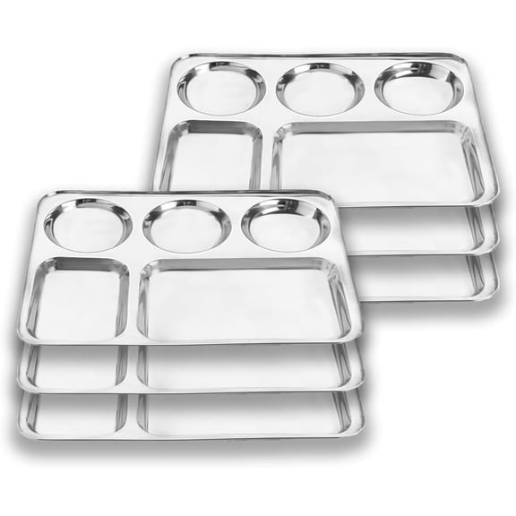Premium Stainless Steel Luxurious 5 In 1 Three Compartment Divided Dinner Plate/Partition Thali/Partition Plate -Set of 6