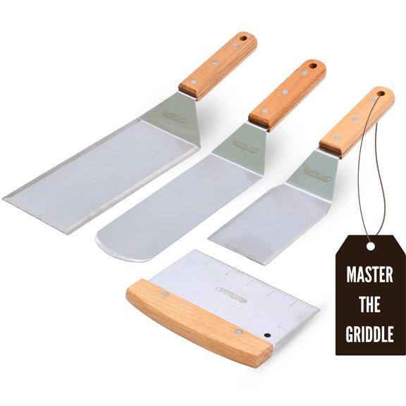 Premium Stainless Steel Metal Set - Teppanyaki Griddle Set w/ Full Tang Handle & Beveled Edges | Flat Spatula, Grill Spatula, Burger Turner, & Scraper for Cast Iron BBQ Flat Top Grills A101