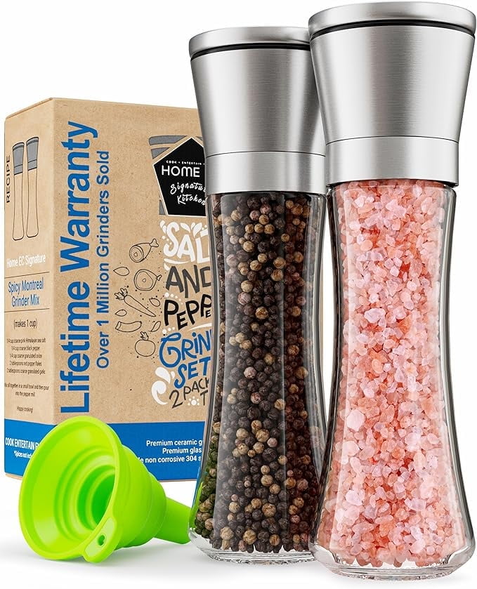 Premium Stainless Steel Sea Salt and Pepper Grinder Set of 2 - Adjustable Ceramic - Tall Glass Salt and Pepper Shakers - Kitchen Spice Mill W/Funnel & EBook