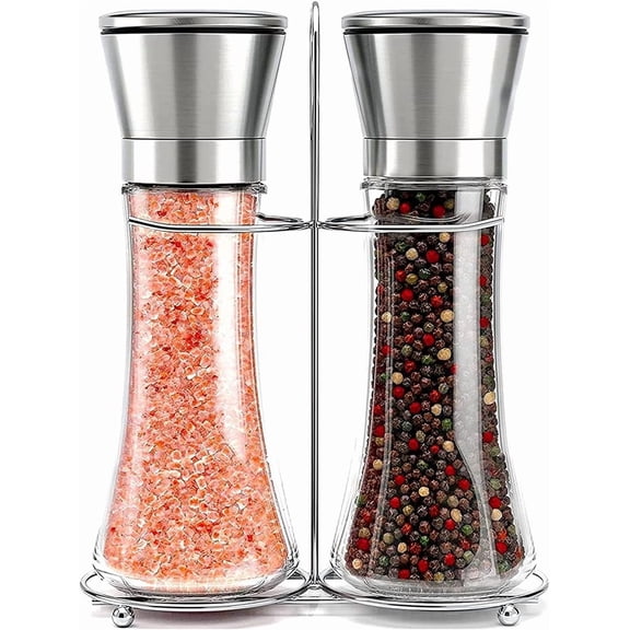 Carestrong Premium Stainless Steel Sea Salt and Pepper Grinder Set of 2 - Adjustable Ceramic - Tall Glass Salt and Pepper Shakers - Kitchen Spice Mill - Salt And Pepper Shakers