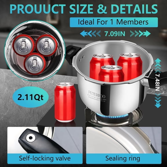 Premium Stainless Steel Small Pressure Cooker 2 Quart | 8 Safety Features & Quick Cooking | stovetop pressure cookers; pressure cooker;olla  presion  pressure cooker 2+qt
