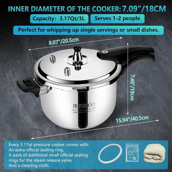 Premium Stainless Steel Small Pressure Cooker 3.2 Quart | 8 Safety Features & Quick Cooking | Stovetop Pressure Cooker for Home Kitchen