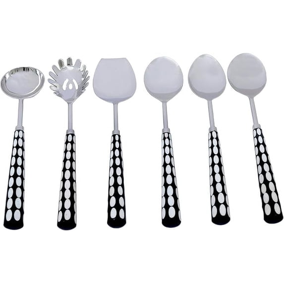 ABHAS Brass Spoon Set of 6 – Premium Black & White Polka Dot Handle Serving Spoons – Elegant Multi-Purpose Kitchen & Dining Utensil Set