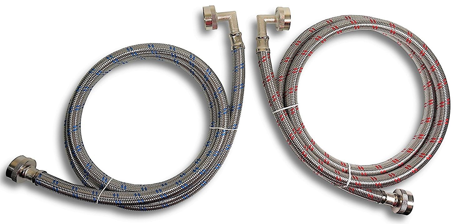 Premium Stainless Steel Washing Machine Hoses with 90 Degree Elbow, 10 Ft Burst Proof 2 Pack Red and Blue Striped Water Connection Inlet Supply Lines - Lead Free