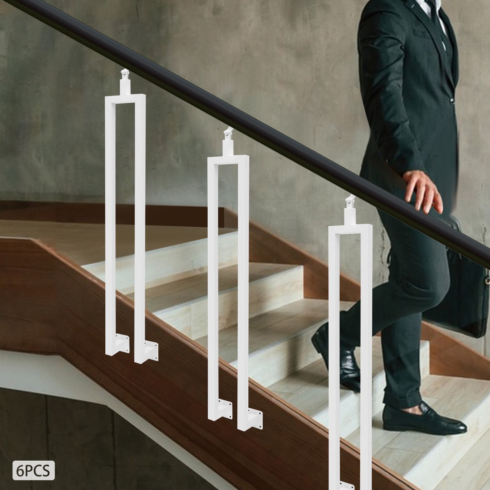 Premium Stair Guardrail Posts, 6pcs 39.37in U-Shape Posts, High-Temp Baked Paint Finish, 180° Flexible Bracket, Suitable for Villas/Hotels/Gardens