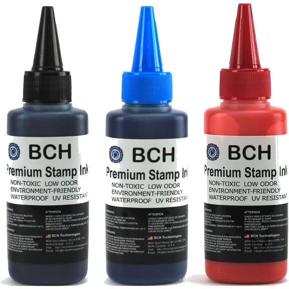 Premium Stamp Ink Refill Black, Blue & Red Ink Colors Long-Lasting, Quick-Drying, Waterproof Ink Refill for Rubber & Self-Inking Stamps 75 ml Each Bottle (225 ml Total)