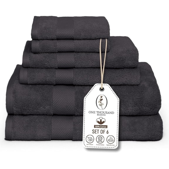 Premium Staple Cotton Bathroom Towel Set - Dark Gray 600 GSM 6-Piece Luxury Bath 1 Stripe 2 Towels, Hand Towels & Washclothes High Absorbent Quick Dry for Gym, Spa, Hotel