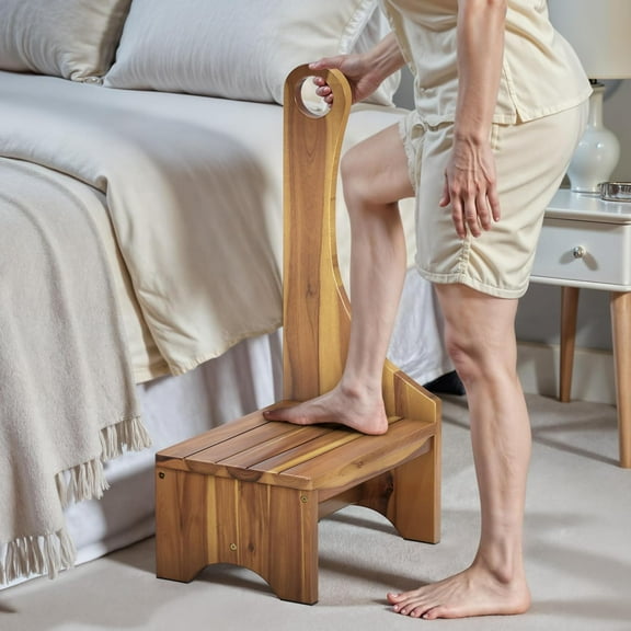 Premium Step Stool with Handle for Adults, Elderly & Seniors, Wooden 9 One Step Stool for High Bed, Heavy Duty Bedside Step Platform, Holds Up to 400 lbs, Nonslip Platform for Kitchen/Bathroom