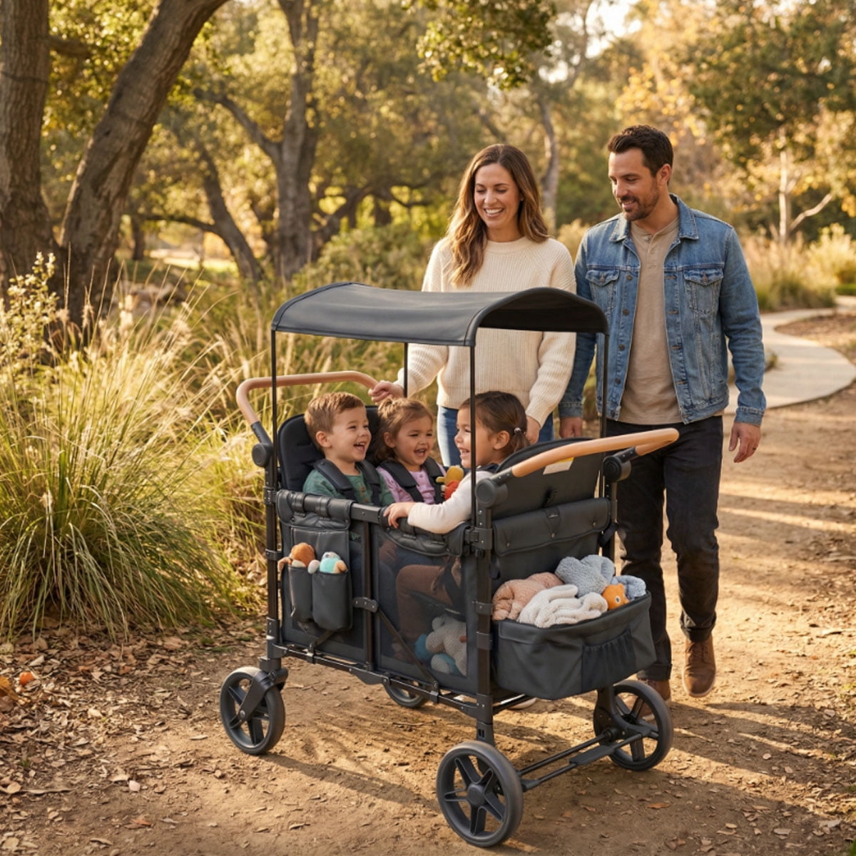 Premium Stroller Wagon for 4 Kids, Foldable Wagon for Kids and Infants with Canopy,Adjustable Handles & 5 Point Harness for Camping