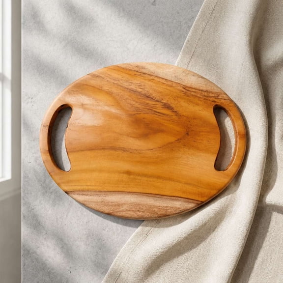 Premium Teak Wood Round Cutting Board & Serving Tray with Dual Handles | Wooden Chopping Board for Kitchen | Cheese Board, Bread Board, Pizza Serving Platter | Food Safe | Reversible