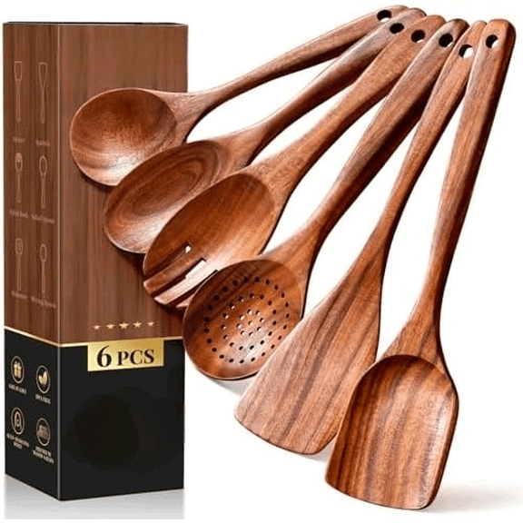 Premium Teak Wooden Spoons for Cooking, 6-Piece Wood Kitchen Utensils Set for Nonstick Cookware - Heat Resistant, Natural Healthy Spatula Set with Hanging Holes - Durable, Scratch-Free & Handcrafted