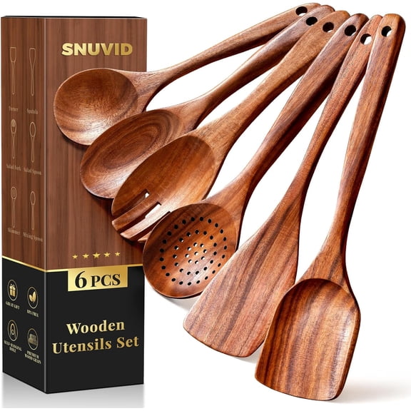 Premium Teak Wooden Spoons for Cooking, 6-Piece Wood Kitchen Utensils Set for Nonstick Cookware - Heat Resistant, Natural Healthy Spatula Set with Hanging Holes - Durable, Scratch-Free & Handcrafted