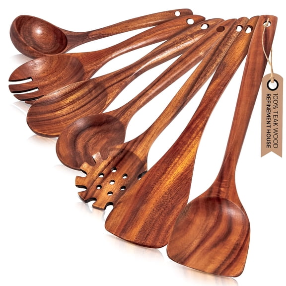 Premium Teak Wooden Utensil Set, 7-Piece Handcrafted Cooking Spoons & Spatulas - Nonstick Safe, Durable, Heat-Resistant Wooden Utensils for Everyday Cooking Y101