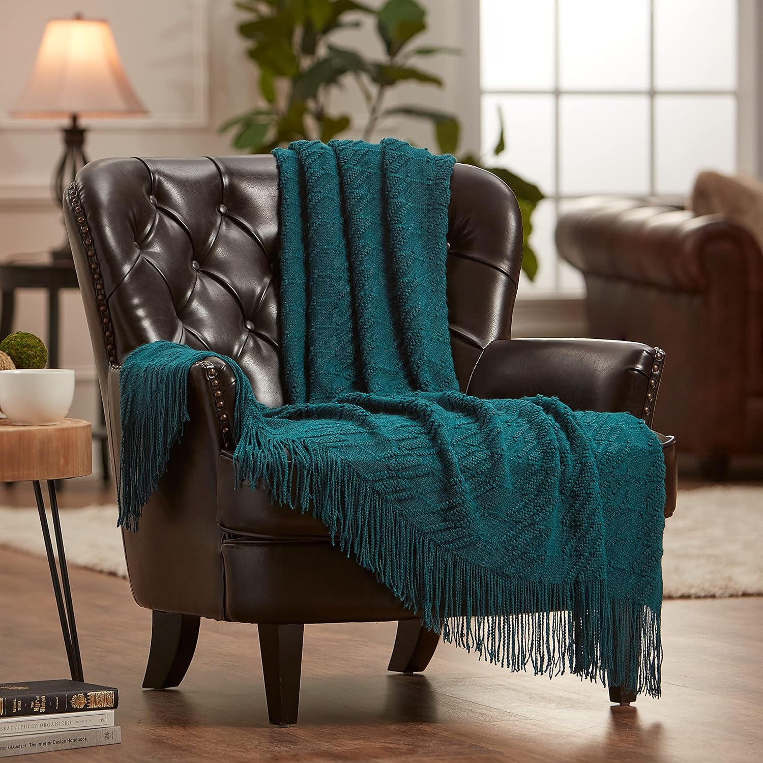Premium Teal Throw Blanket with Tassels Knitted Super Soft Fluffy