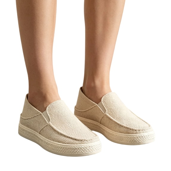 Premium Textured Woven Linen Low Cut Slip On Loafers Closed Protective Round Toe Stable Anti Slip Braided Platform Outsole Versatile Outdoor Daily Casual Shoes For Ladies