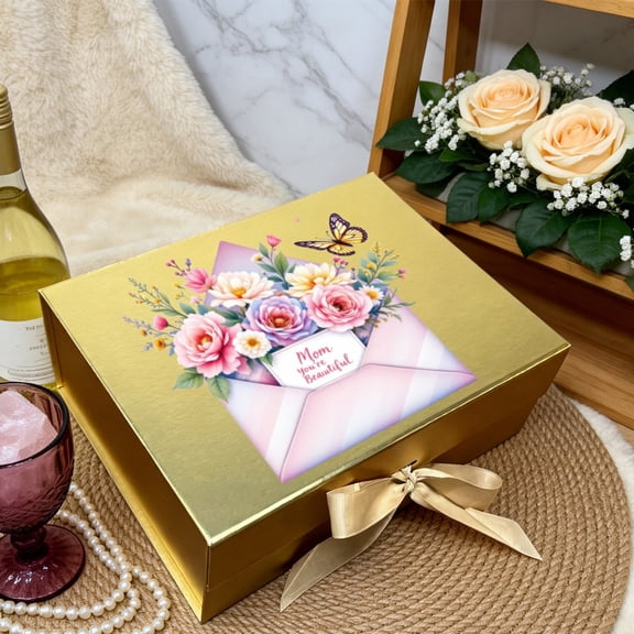 Premium Thick Paper Mother's Day Gift Box, Magnetic Snap Closure and Handcrafted Ribbon, 11.4×8.6×4.1 Inch Large Size and 8.6×6.3×3.3 Inch Small Size for Female Gifts