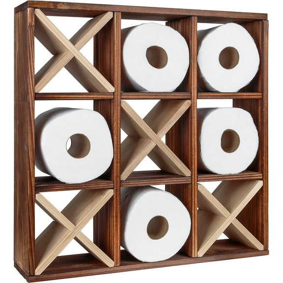Premium Tic Tac Toe Toilet Paper Holder, Farmhouse Funny Toilet Paper Holder Wall Decor, Freestanding Wooden Shelf for Bathroom, Wall Mount Toilet Paper Organizer