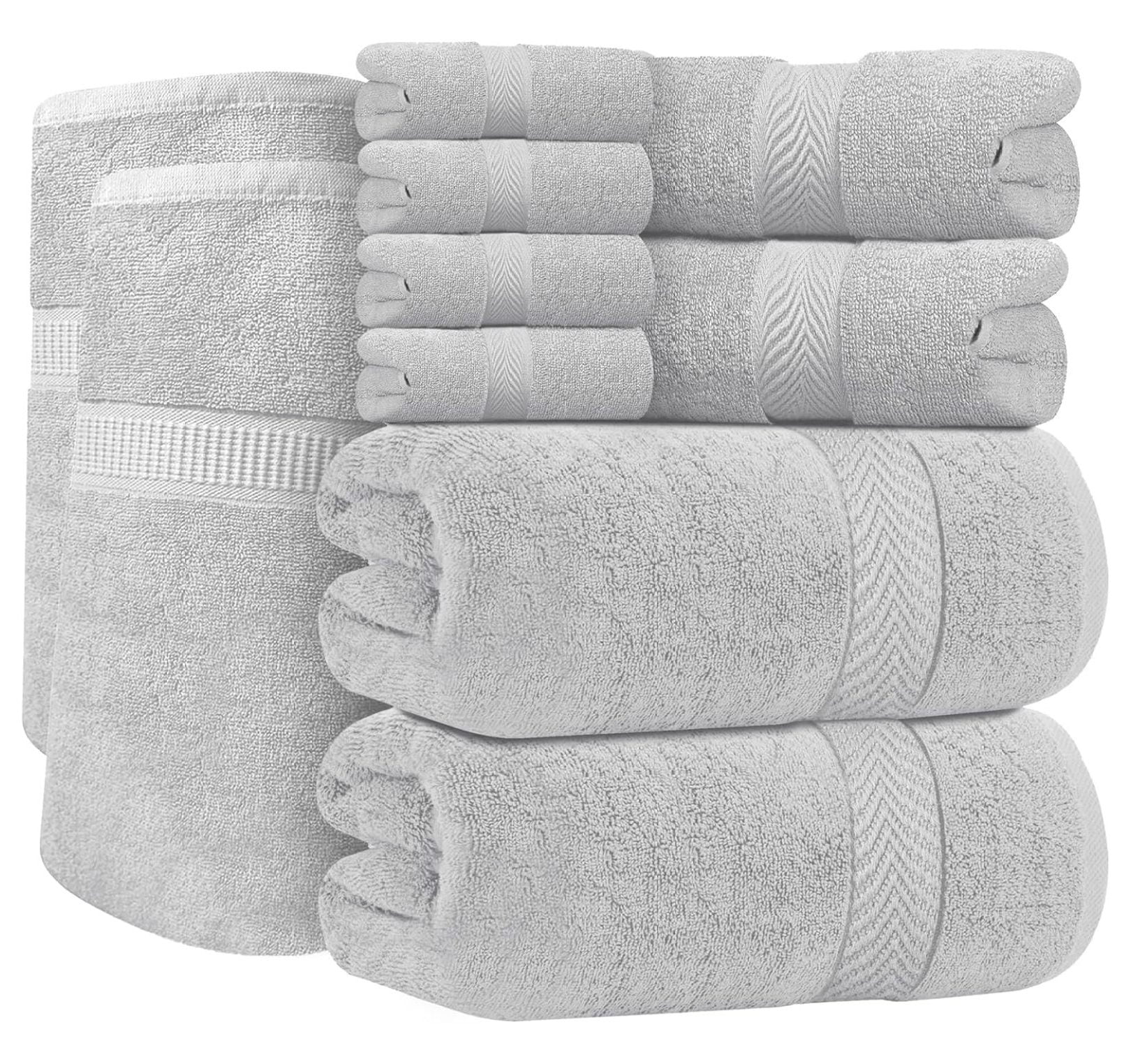 Premium Towel Set 600 GSM 10 Piece Silver 100 Ring Spun Cotton