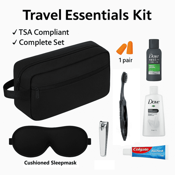 Premium Travel Essentials Kit  Toiletry Bag, Eye Mask, Toothbrush & TSA-Safe Toiletries