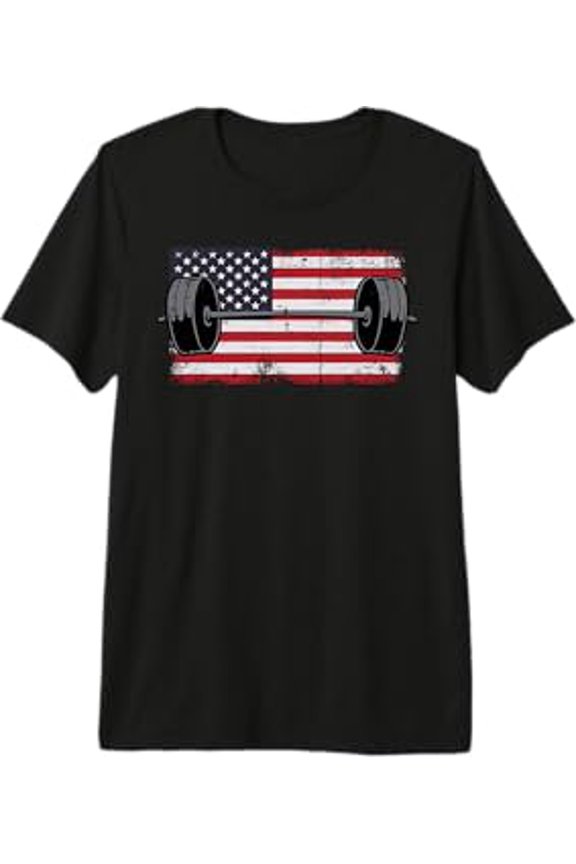 Premium Tri-Blend US Flag Barbell Graphic T-Shirt for Weightlifting and Workout Enthusiasts