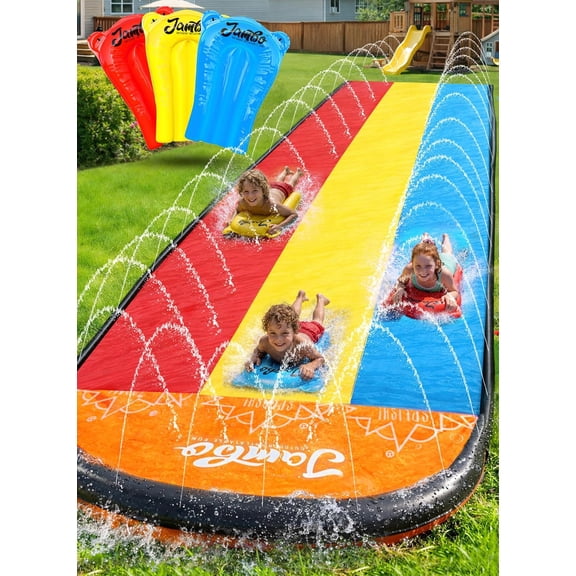 Premium Triple Water Slide and 3 Bodyboards, 16Ft Heavy Duty Slip Splash Slides-Advanced 3-Way Sprinkler System, Pad Mat Backyard Summer Outdoor Toys n Long Slides for Kids