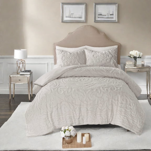 Premium Tufted Cotton Chenille Bedding Set Grey Comforter Shams Boho Chic Design for All Seasons