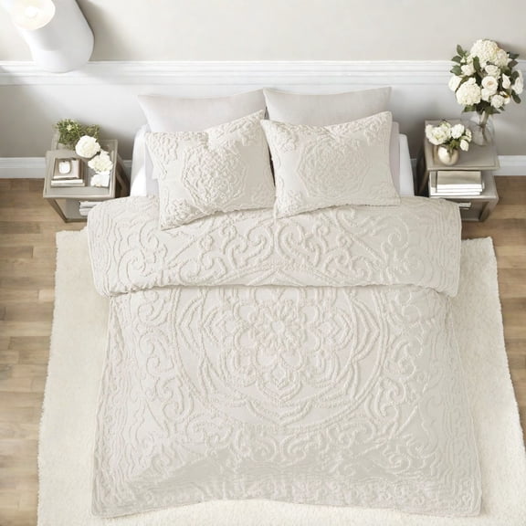 Premium Tufted Cotton Chenille Bedding Sets OffWhite King/Cal King Elegant Boho Design for All Seasons