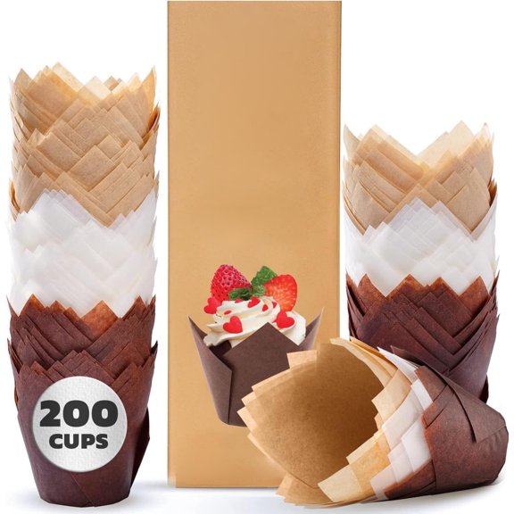 Premium Tulip Muffin Liners, 200Pcs Greaseproof Baking Cups, Parchment Paper Cupcake Wrappers, Easy to Use for Home Bakers, Beige White Brown