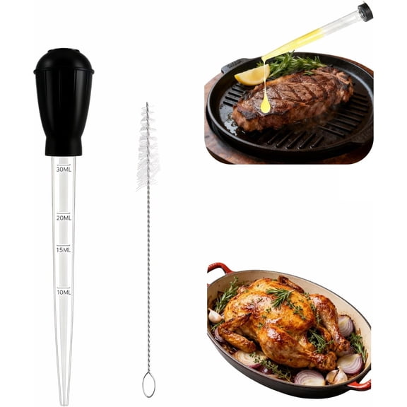 Premium Turkey Baster & Multi-Purpose Syringe, 30ml Heat Resistant Food Baster with Cleaning Brush for Kitchen, Aquarium, Marinade Injector, Basting, Oil Fuel Dispensing (Black)