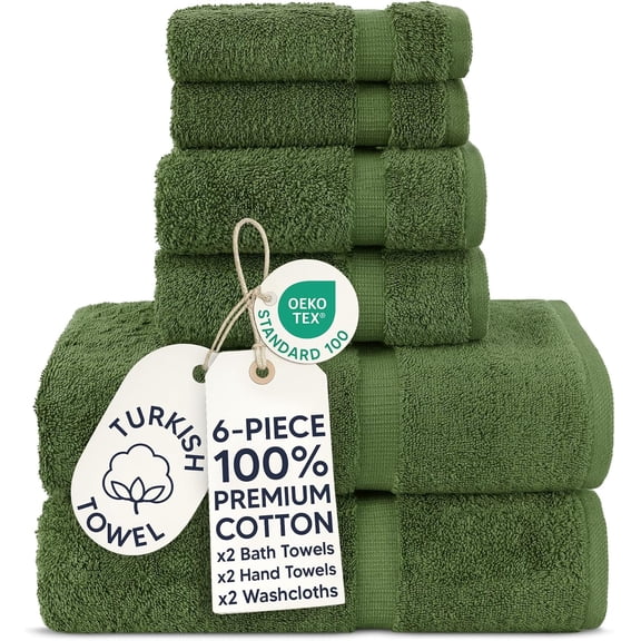 Premium Turkish Cotton 6-Piece Towel Set (2 Bath, 2 Hand, 2 Washcloths) in Moss