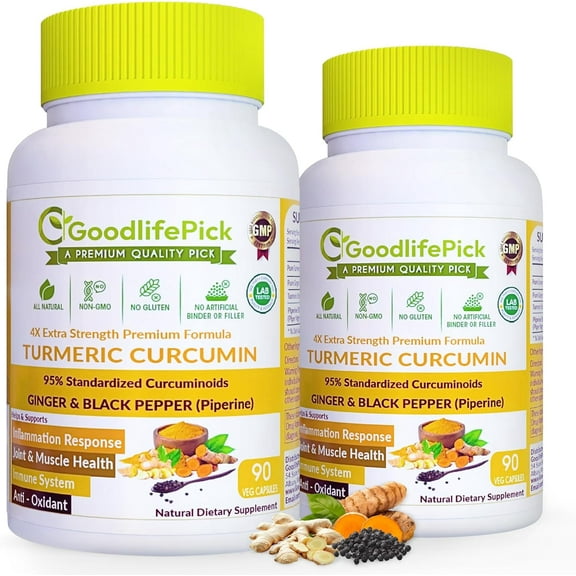 Premium Turmeric Curcumin with Ginger Capsules .Unique Formula for Extra Strength with 95% Curcuminoids & Black Pepper(Piperine). Non-GMO No Rice Powder, No Stearate, No Gluten-90 ct (Pack of 2)