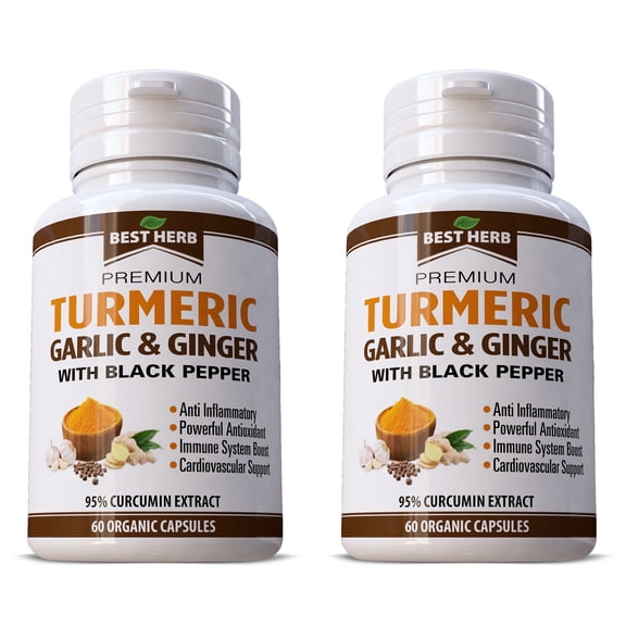 Premium Turmeric Garlic Ginger Organic Supplements with Bioperine 1000mg - 120 Capsules - for Joint, Digestion & Immune Support