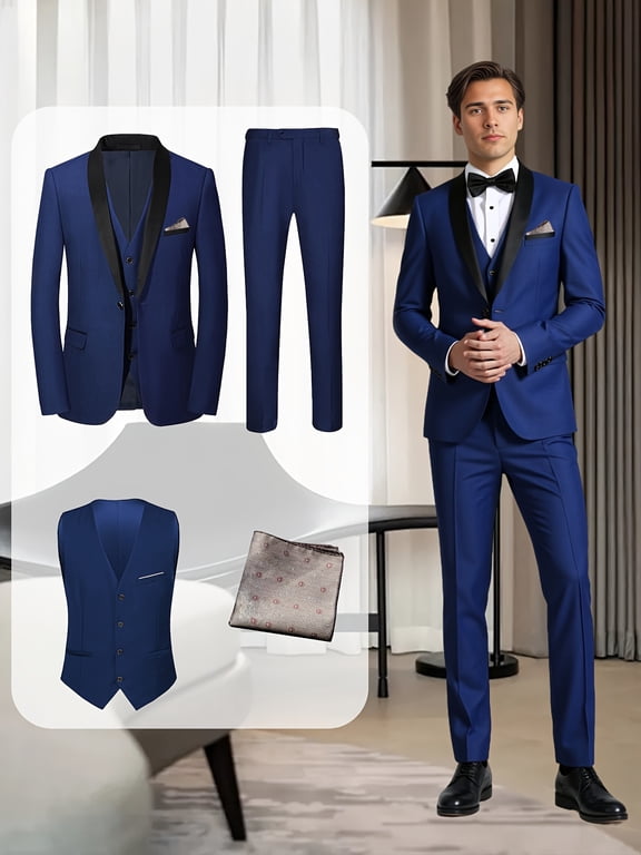 Premium Tuxedo Suit: 4 - Piece Including Jacket, Vest, Pants & Decorative Pocket Square