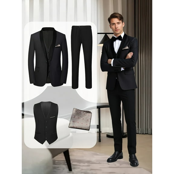Premium Tuxedo Suit: 4 - Piece Including Jacket, Vest, Pants & Decorative Pocket Square