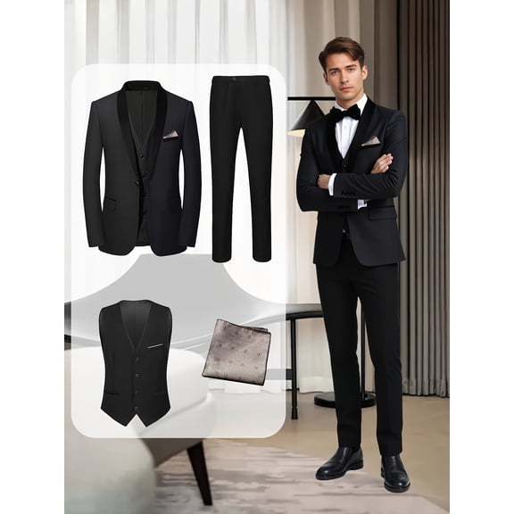 Premium Tuxedo Suit: 4 - Piece Including Jacket, Vest, Pants & Decorative Pocket Square