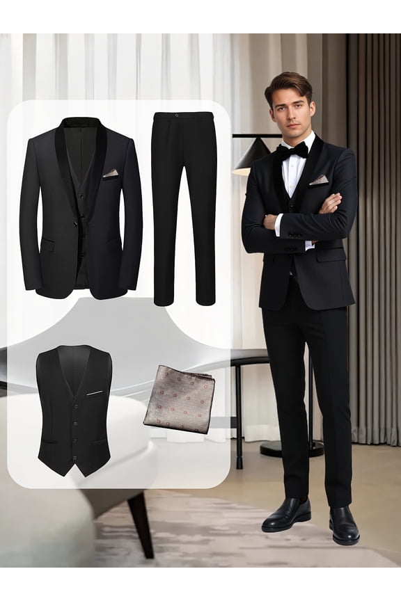 Premium Tuxedo Suit: 4 - Piece Including Jacket, Vest, Pants & Decorative Pocket Square