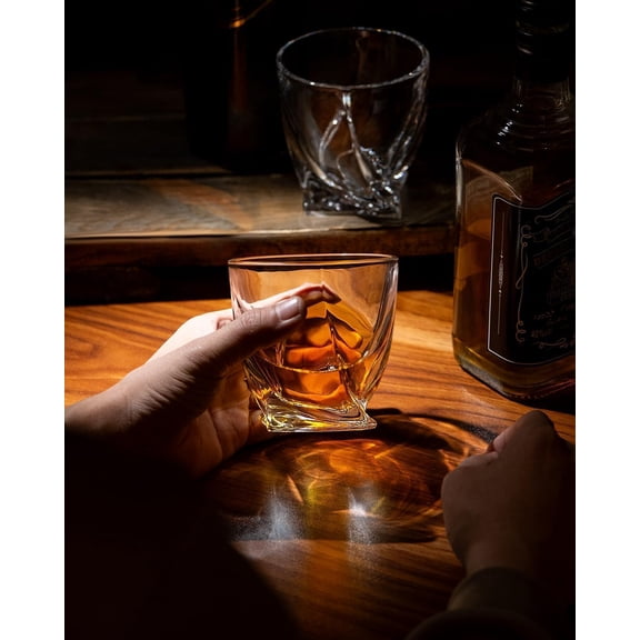 Premium Twisted Glasses - Set of 4 - Elegant Whiskey Glasses for Scotch, Single Malt - Old Fashioned Glass Set in Gift Box - Rocks Whiskey Tumblers - Home Bar Glassware (Set of 4)
