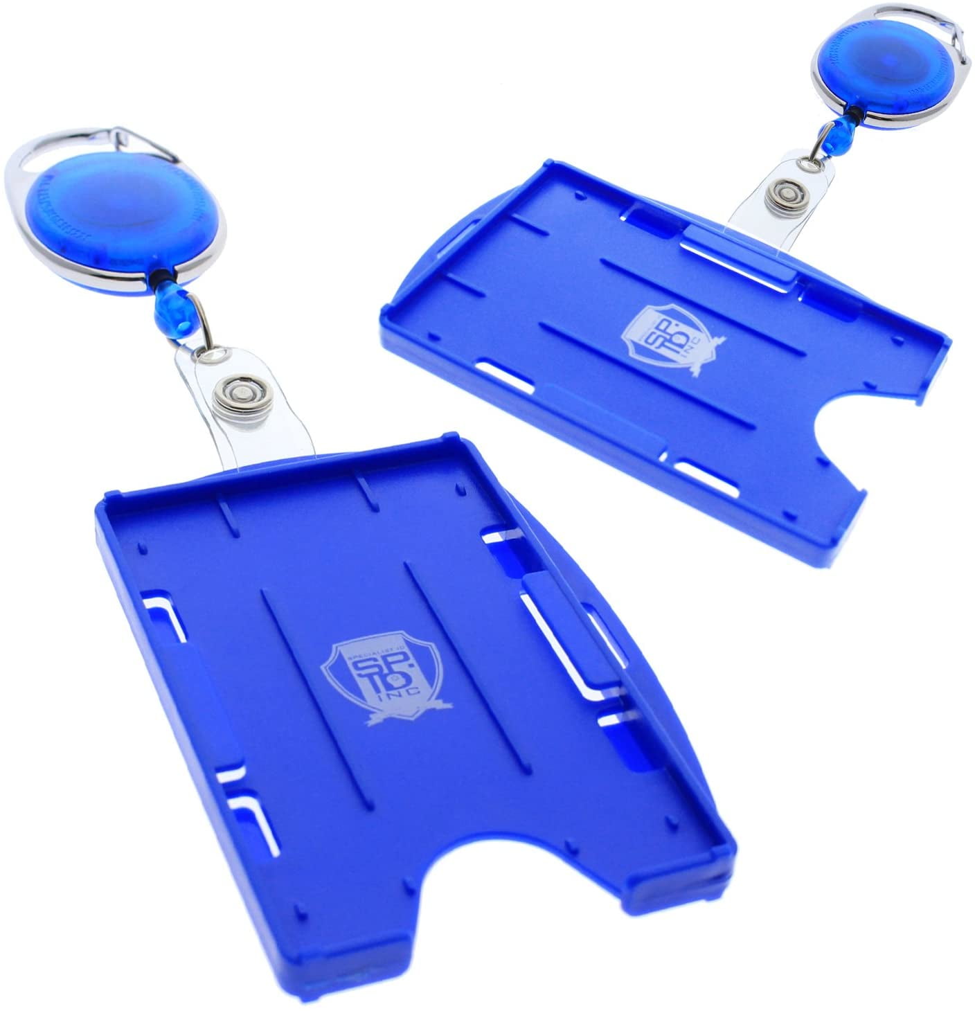 Premium Two Card Plastic Badge Holder - Vertical or Horizontal - with Heavy Duty Retractable Carabiner Clip Badge Reel by Specialist ID (Sold Individually, Royal Blue)