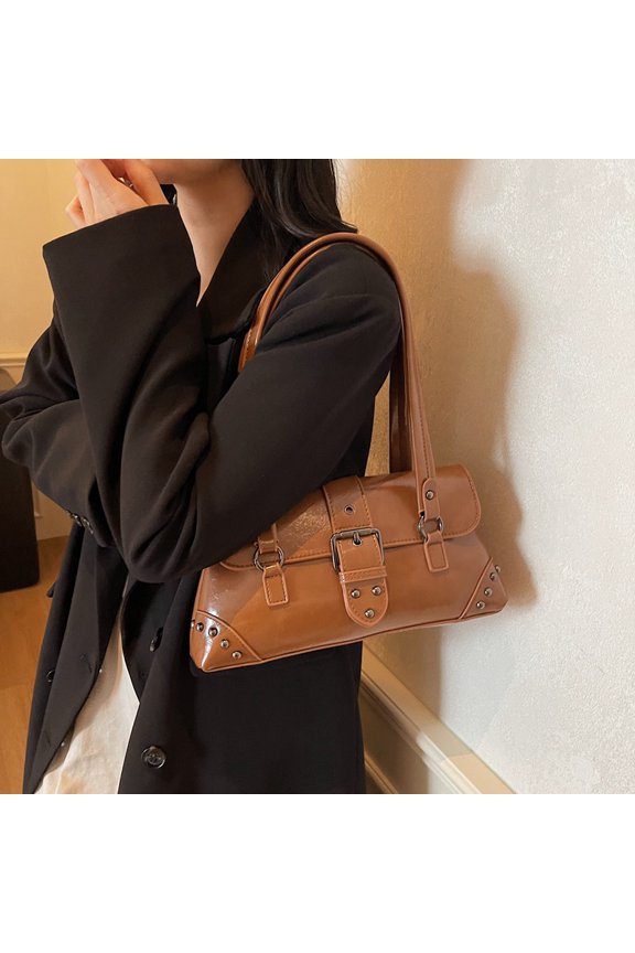 Premium Underarm Handbag for Women and Girls, Trendy Versatile Studded Motorcycle Vintage Bag, Patchwork Design Urban Minimalist Commuter Purse