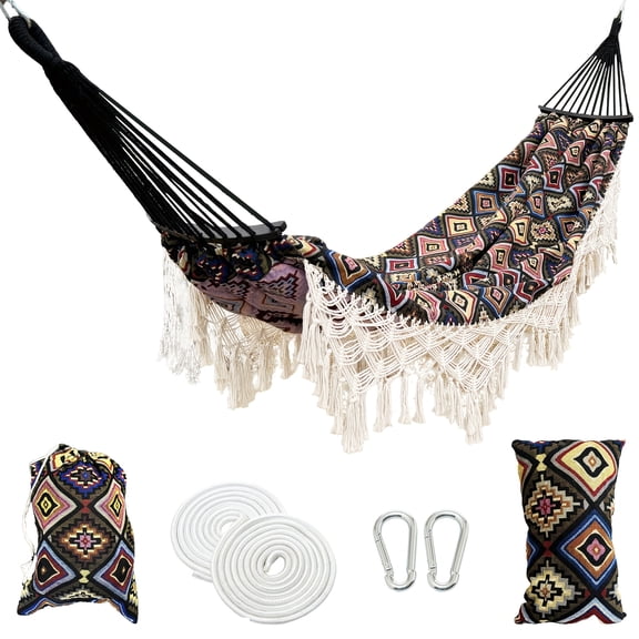 Premium Upgrade Double Brazilian Hammock with Tassels & Carry Bag  Pillow Rich Brown Woven Cotton for Patio, Yard & Travel, Supports Up to 450 lbs(Brown)