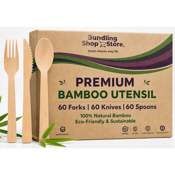 Premium Utensil Set 180 Reusable 100% Bamboo- Eco-Friendly Portable Wooden Cutlery for Travel, Camping, Office Lunches & Picnics - Lightweight, Durable & Dishwasher Safe