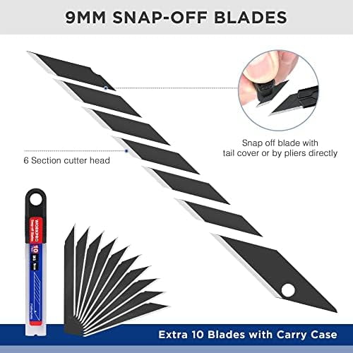Premium Utility Knife Retractable Snap-off Blade, Heavy Duty Aluminum Box Cutter Set, Razor Knife Exacto Craft Knives, with 10 Extra 9mm Blades, Pack of 5