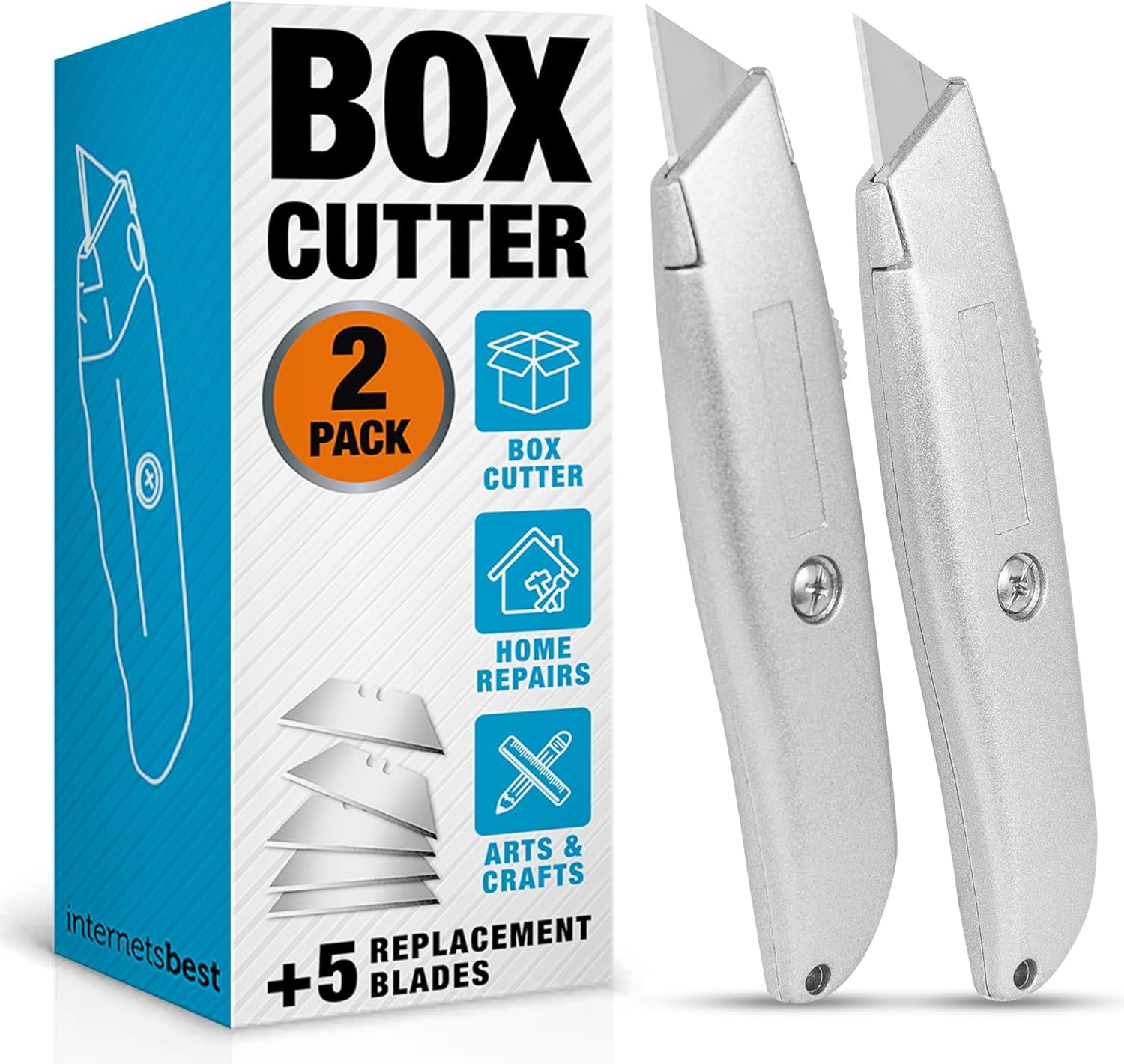 Premium Utility Knife Set | Retractable Box Cutter with Metal Handle | Heavy-Duty Cutting for Cardboard, Carpet, Plastic | Retractable Blade | Includes 2 Razor Knives & Extra Blades