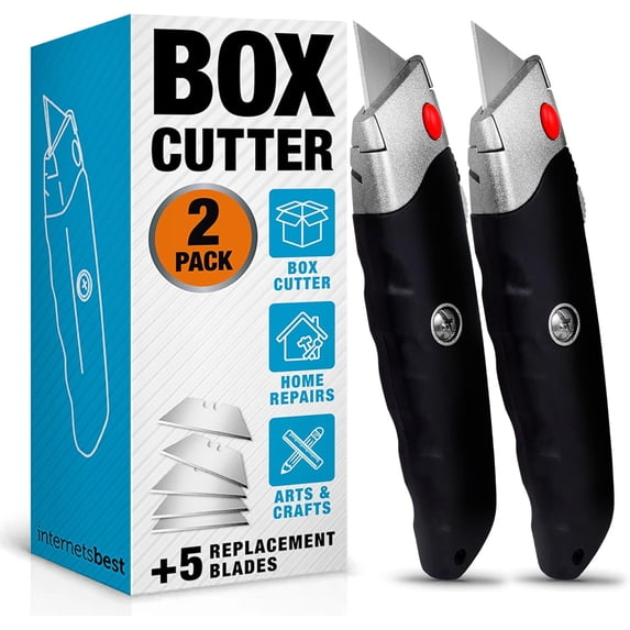 Premium Utility Knife Set | Retractable Box Cutter with Rubber Handle Heavy-Duty Cutting for Cardboard, Carpet, Plastic Blade Iludes 2 Razor Knives & Extra Blades