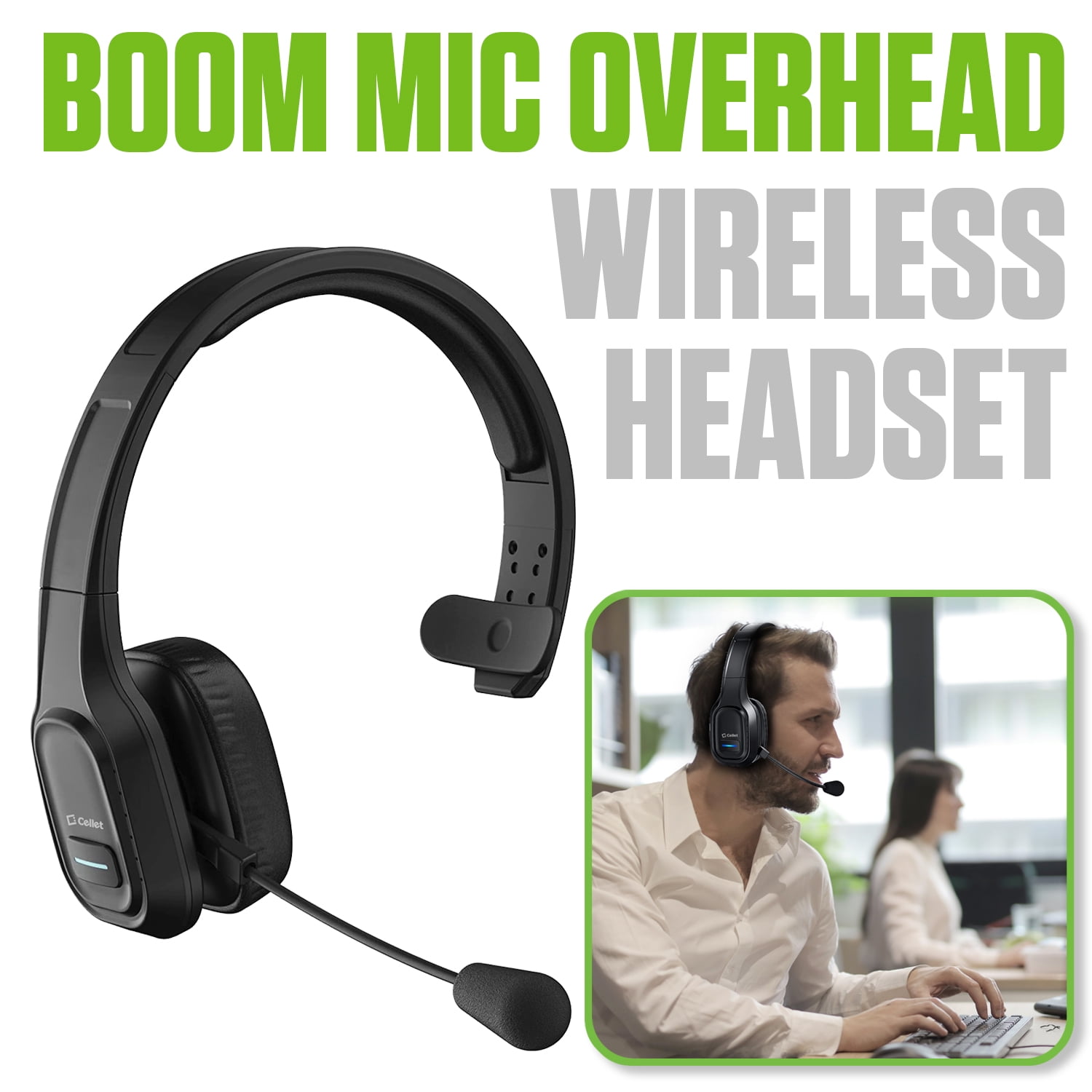 Cellet Overhead Boom Mic Wireless Headset with Noise Cancelling
