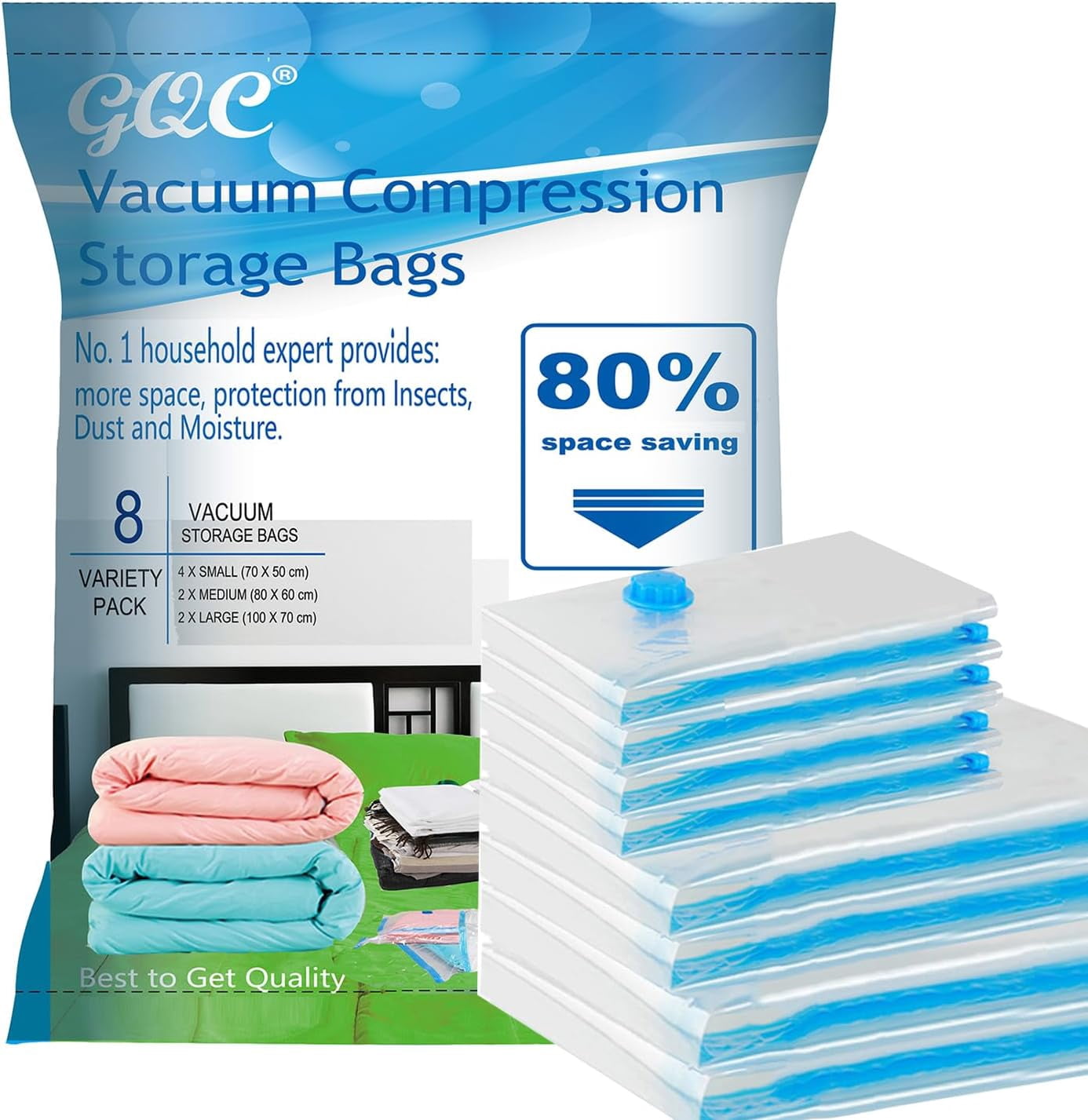 Premium Vacuum Storage Bags. 80% More Storage!Vacuum bags clothes for Travel! Double-Zip Seal and Triple Seal Turbo-Valve for Max Space Saving