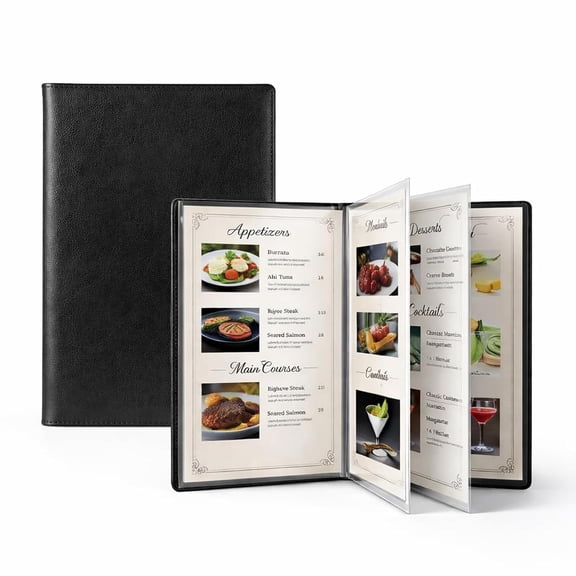 Premium Vegan Leather Menu Cover 8.5 x 11, 4 Page 8 View Menu Folder with Clear Sleeves, Restaurant Menu Holder, Portfolio Binder, Sheet Music Folder, Hotel & Guesthouse Presentation Book